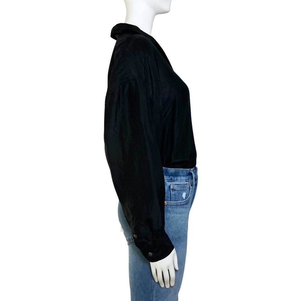 Vintage 90s 100% Silk Express Black Button Down Blouse. XS. Retro Shoulder Pads - Picture 5 of 10